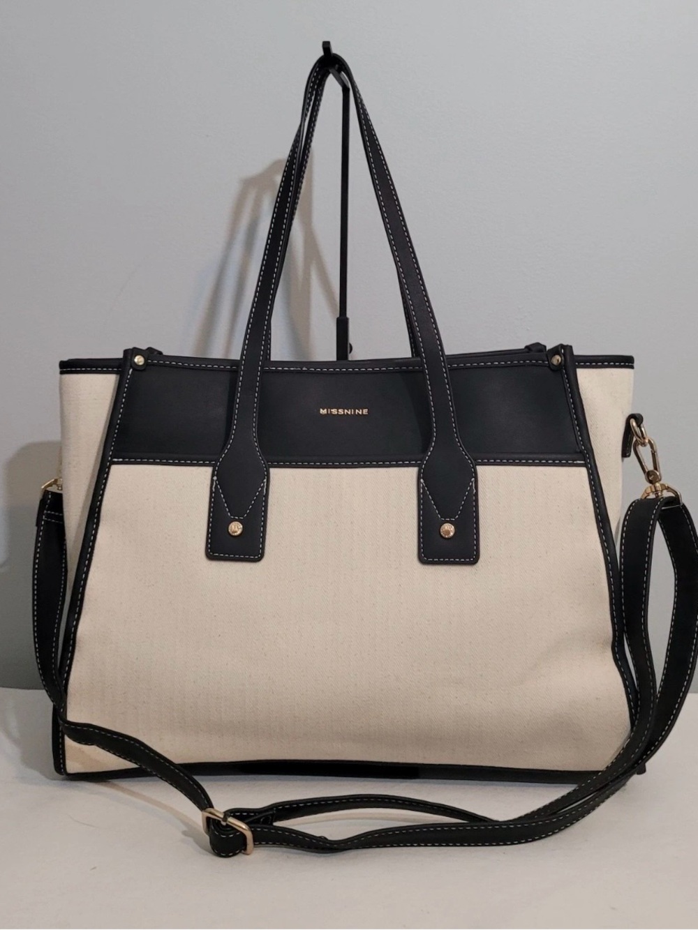 Missnine Laptop Tote Bag Beige Canvas Black Trim 15.6" Crossbody Work Bag NWOT